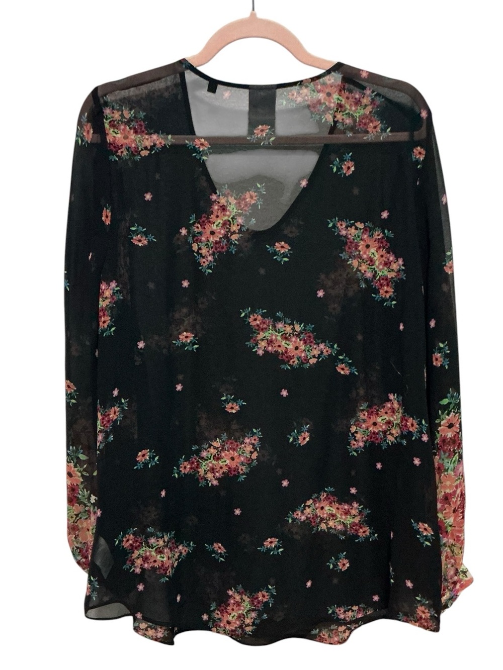 CABI Floral Sheer V-Neck Long Sleeve Blouse L 22” p2p Black NWOT - Picture 6 of 9
